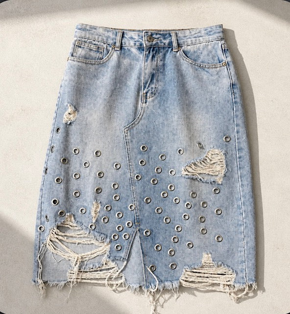Rescued Denim Grommet Skirt