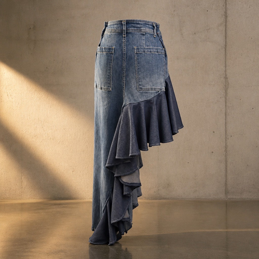 Rescued Denim Asymmetrical Flared Skirt