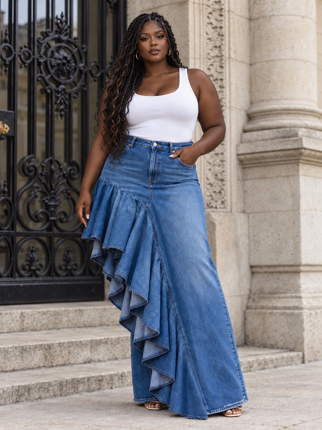 Rescued Denim Asymmetrical Flared Skirt