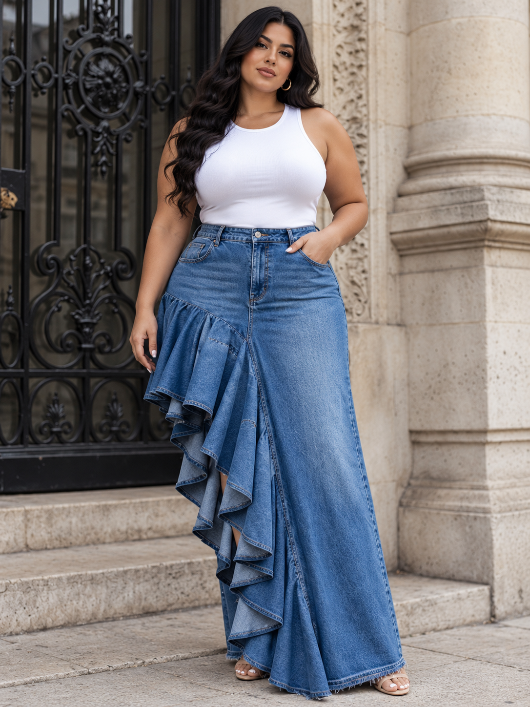 Rescued Denim Asymmetrical Flared Skirt