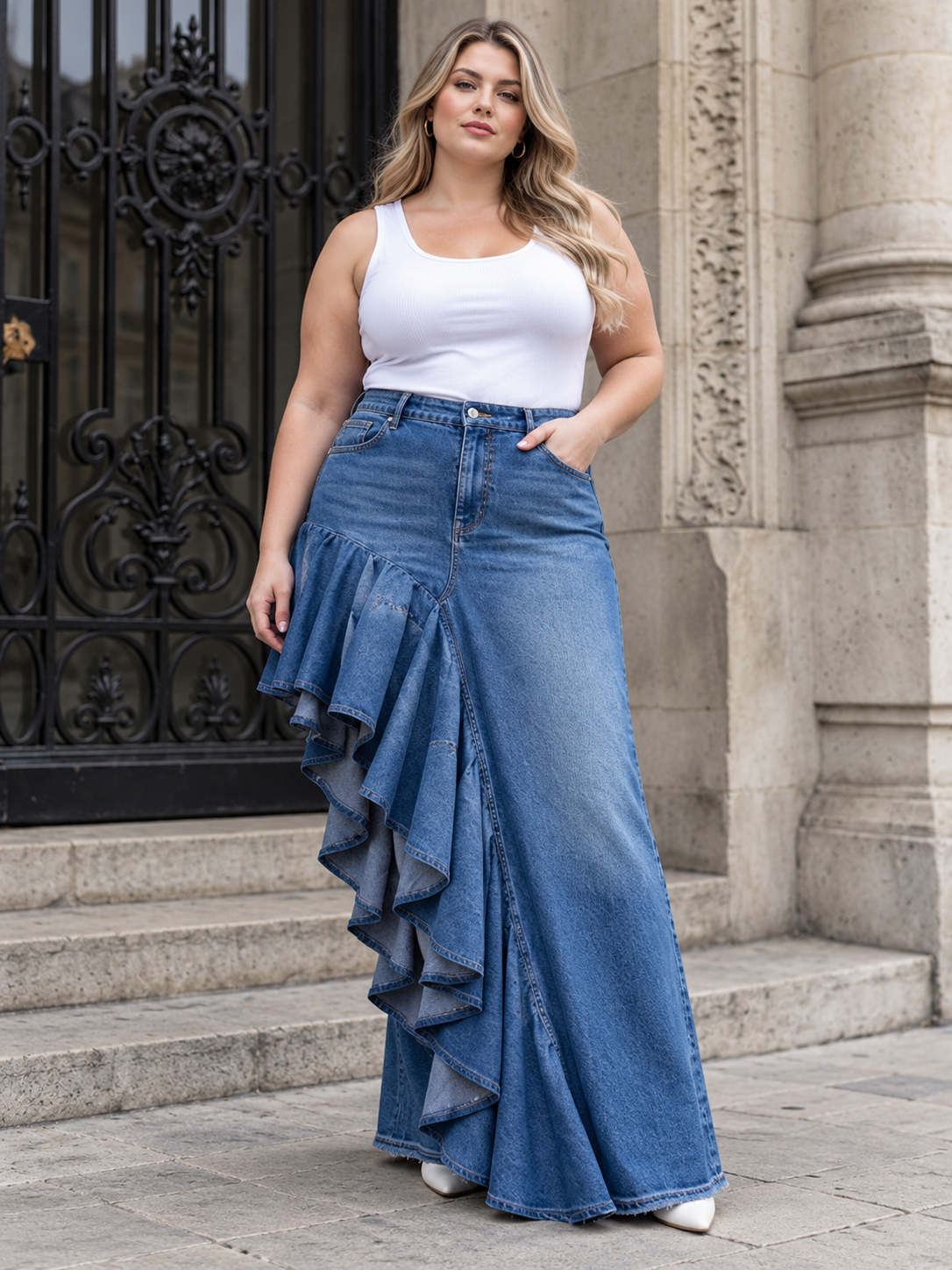 Rescued Denim Asymmetrical Flared Skirt
