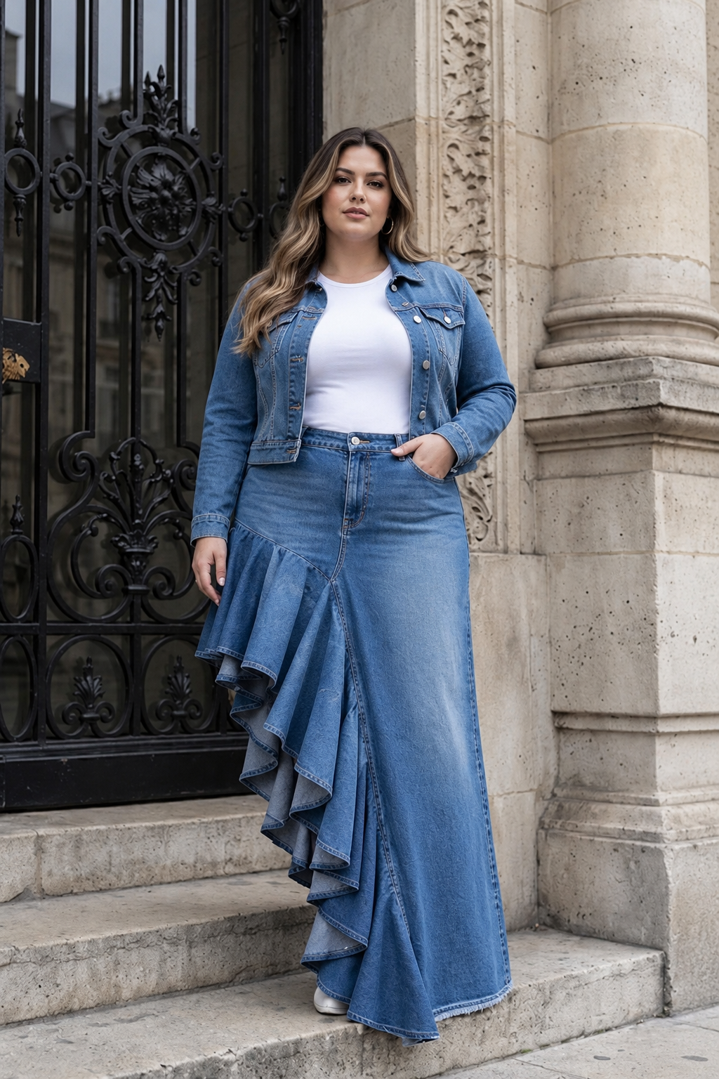 Rescued Denim Asymmetrical Flared Skirt