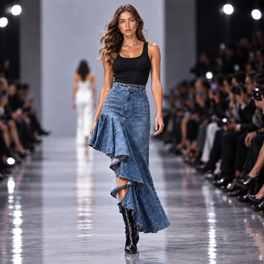 Rescued Denim Asymmetrical Flared Skirt (w/ Quarter-Pockets)