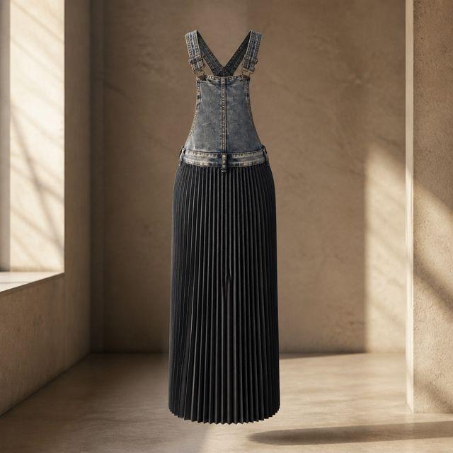 Rescued Denim Overall Pleated Dress