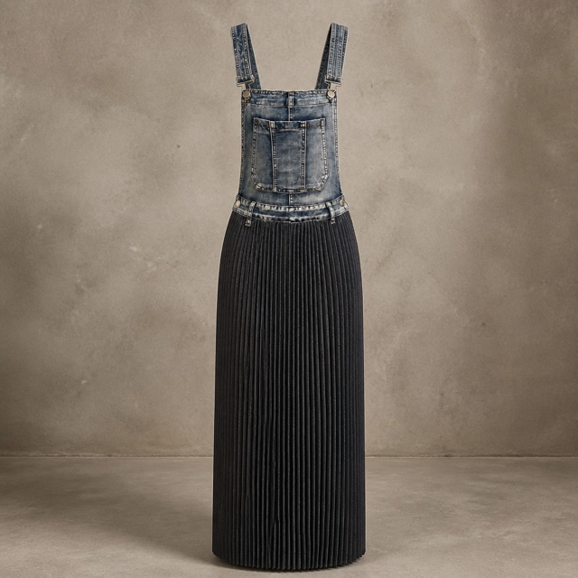 Rescued Denim Overall Pleated Dress