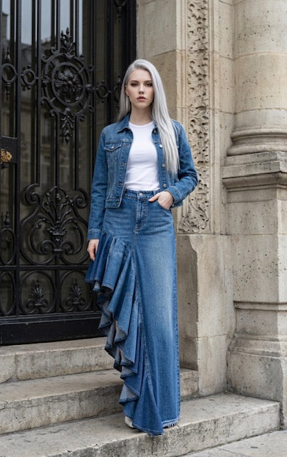Rescued Denim Asymmetrical Flared Skirt