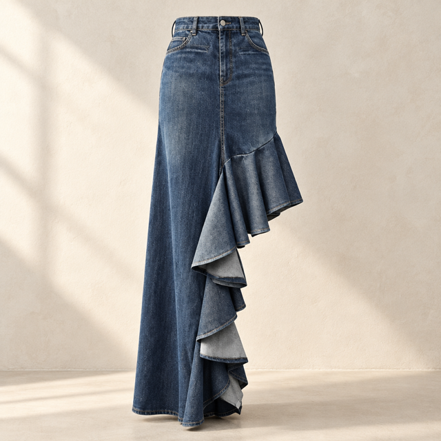 Rescued Denim Asymmetrical Flared Skirt (w/ Quarter-Pockets)