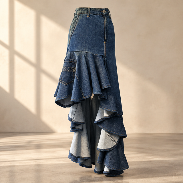 Rescued Denim Asymmetrical Flared Skirt (w/ Quarter-Pockets)