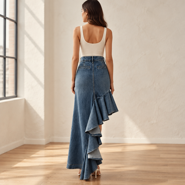 Rescued Denim Asymmetrical Flared Skirt (w/ Quarter-Pockets)