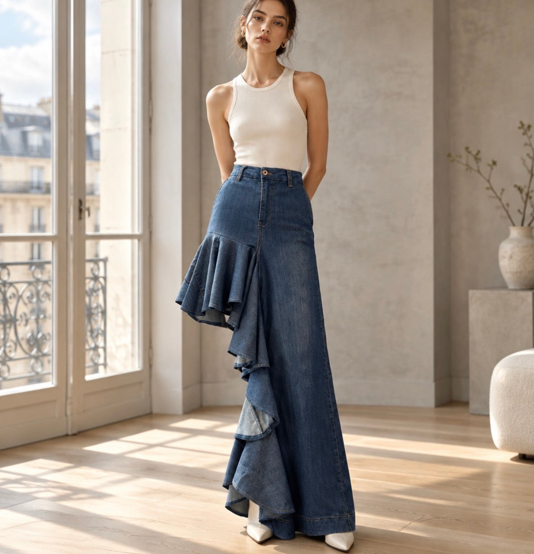 Rescued Denim Asymmetrical Flared Skirt (w/ Quarter-Pockets)