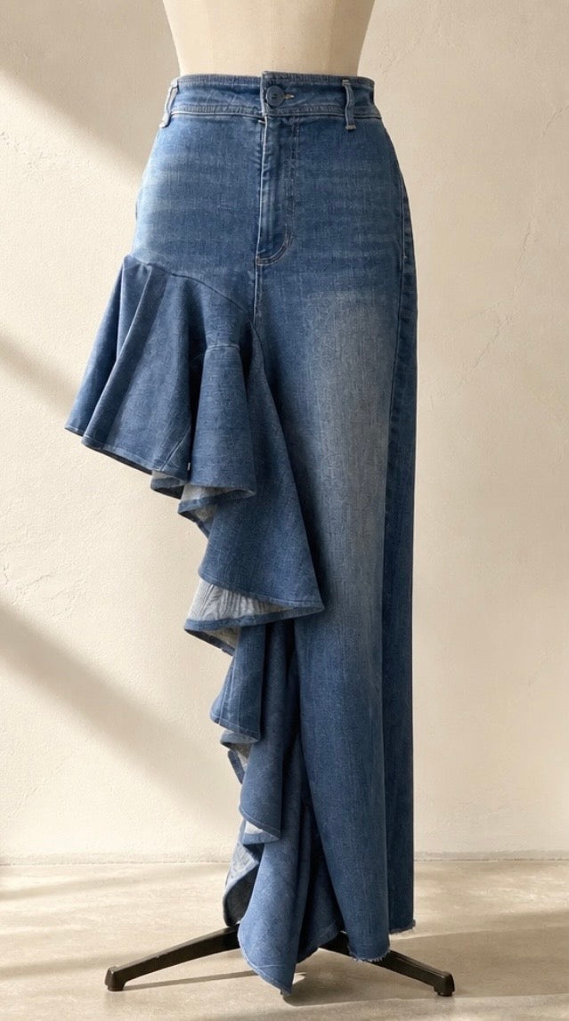 Rescued Denim Asymmetrical Flared Skirt