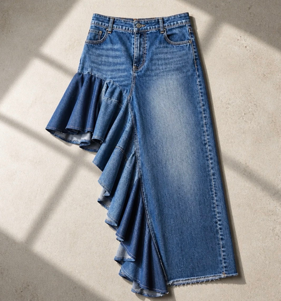 Rescued Denim Asymmetrical Flared Skirt
