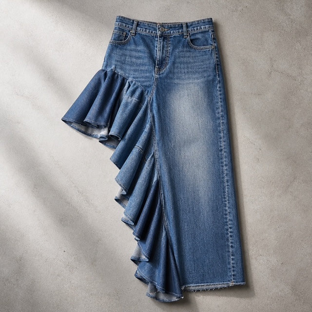 Rescued Denim Asymmetrical Flared Skirt